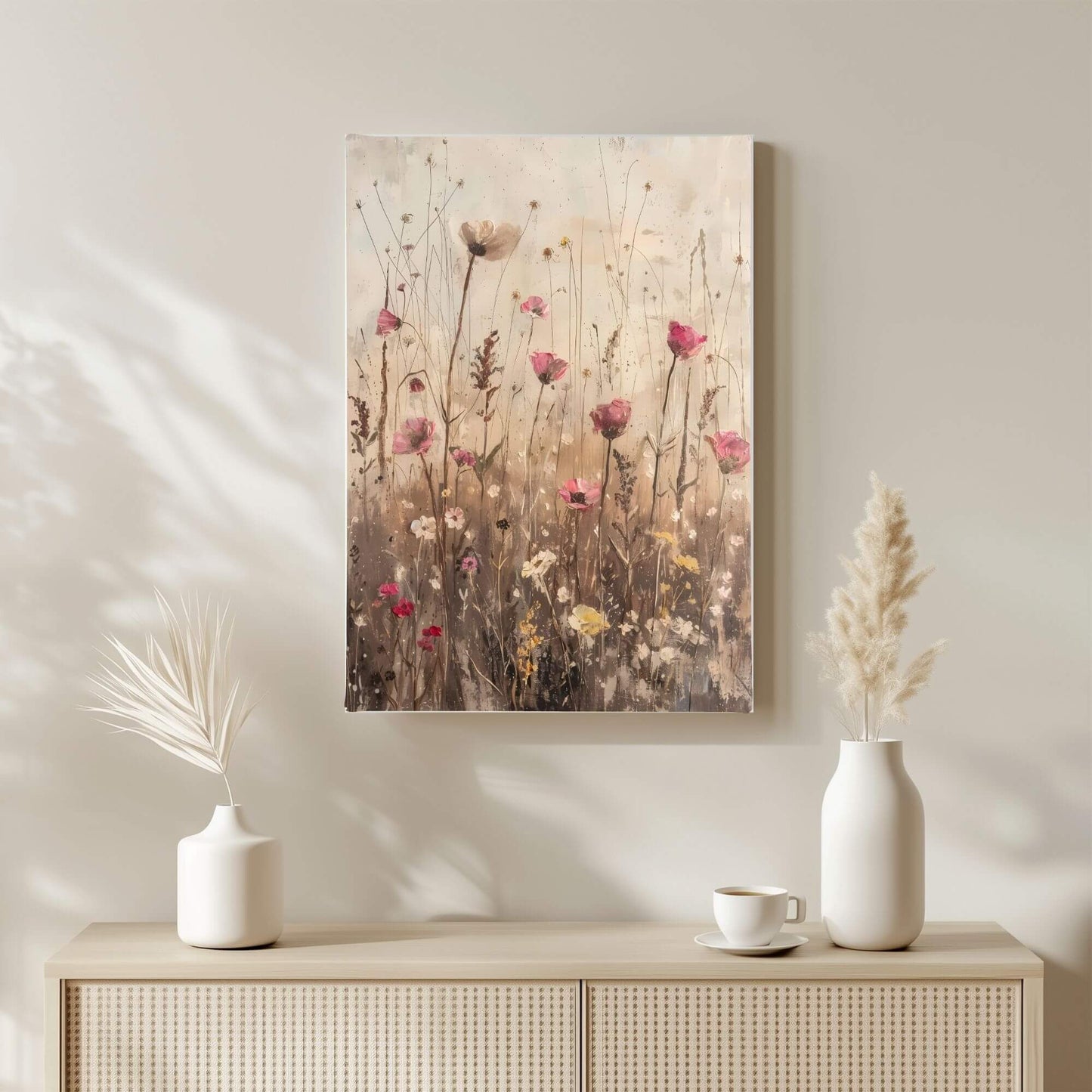 Delicate Wildflower Botanical Framed Wall Art Canvas Print – Neutral Rustic Floral Meadow Artwork
