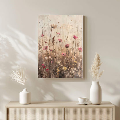 Delicate Wildflower Botanical Framed Wall Art Canvas Print – Neutral Rustic Floral Meadow Artwork