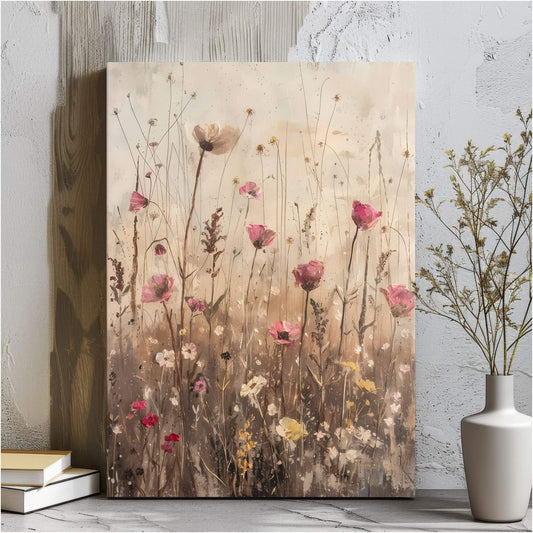 Delicate Wildflower Botanical Framed Wall Art Canvas Print – Neutral Rustic Floral Meadow Artwork