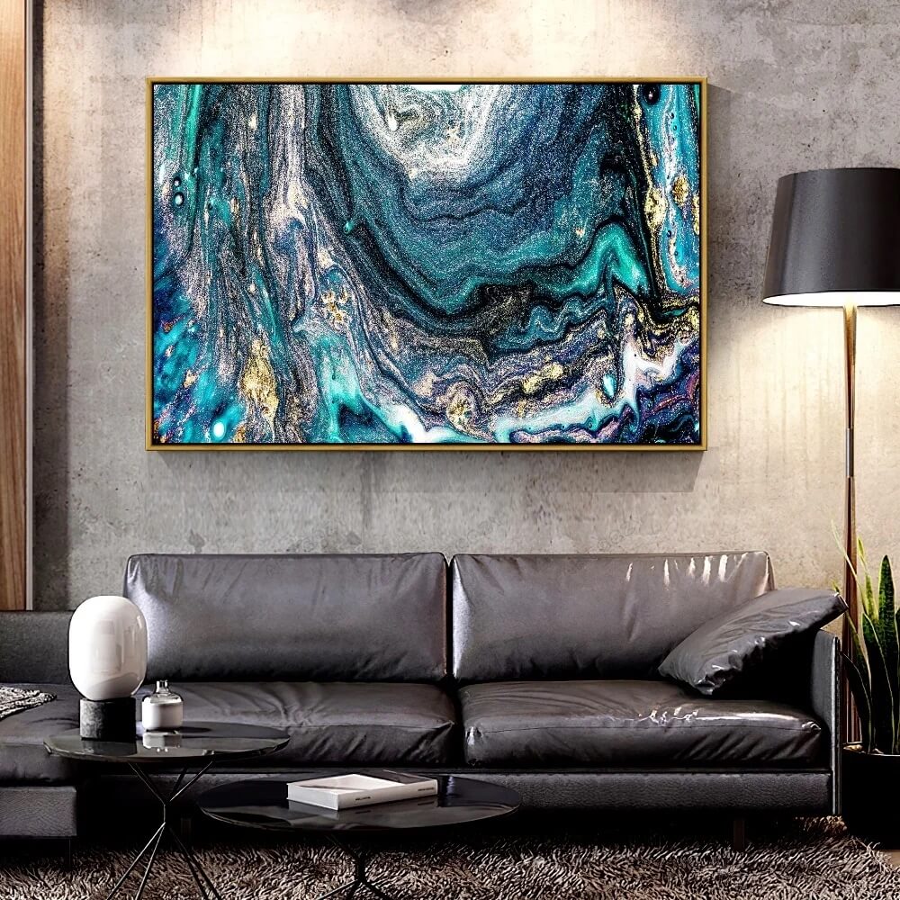 Turquoise Gold Marble Swirl Modern Canvas Print Abstract Painting Large Wall Art Flowing Golden Poster For Luxury Living Room Home Décor