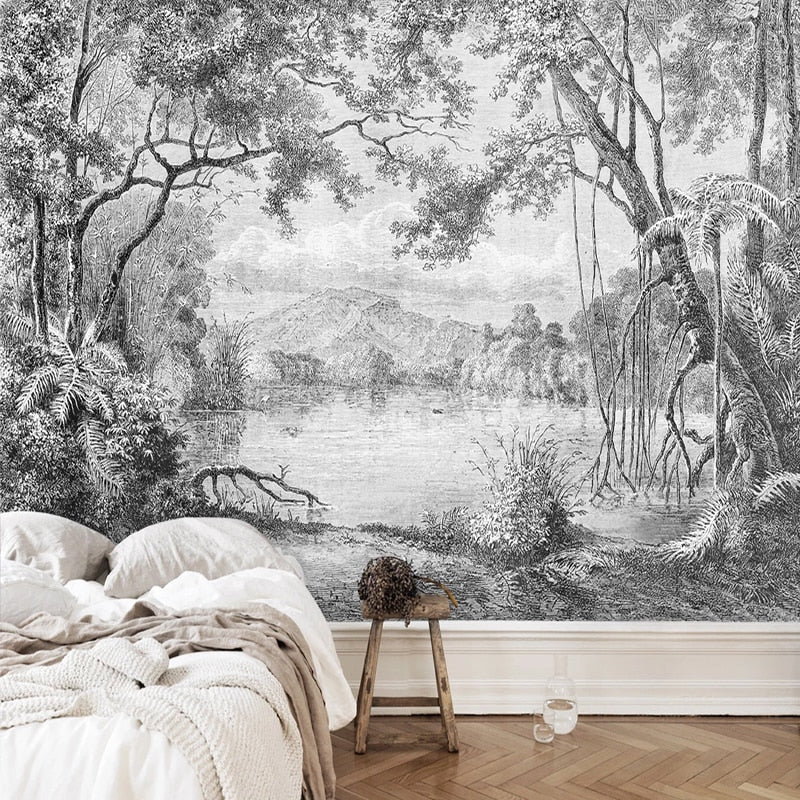 Black and White Countryside River Bank Mural Wallpaper (SqM)