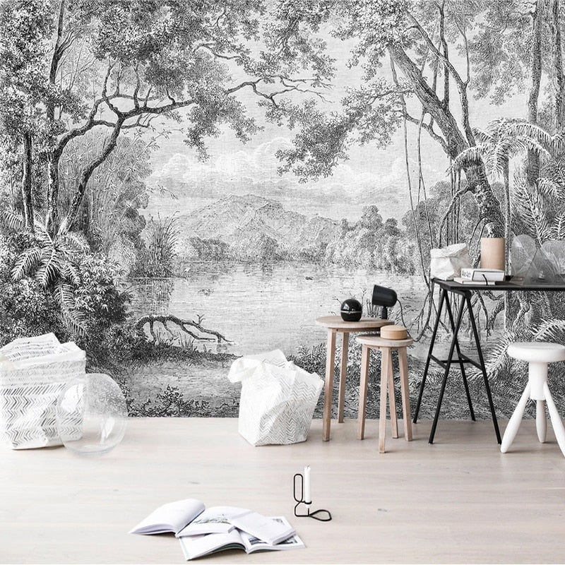 Black and White Countryside River Bank Mural Wallpaper (SqM)