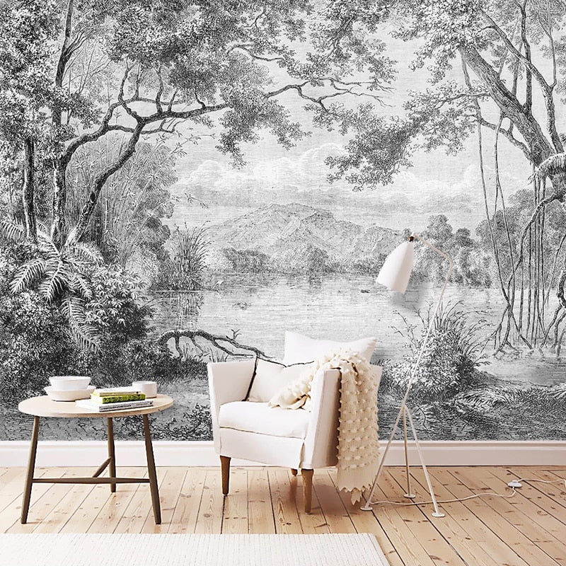 Black and White Countryside River Bank Mural Wallpaper (SqM)
