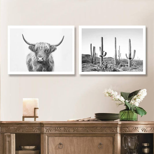 Scottish Highland Cattle Cactus Canvas Prints | Black and White Animal Plant Poster Nordic Wall Art Pictures for Living Room Modern Décor