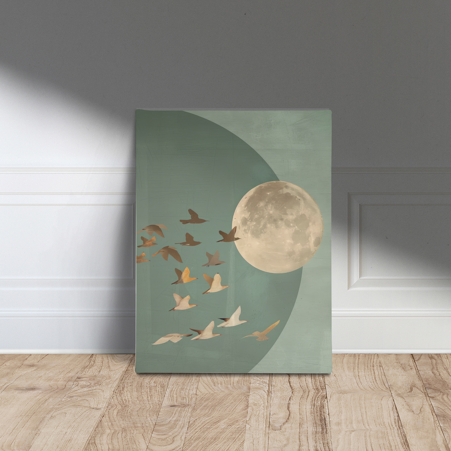 Golden Moon & Celestial Birds Canvas Wall Art – Sage Green