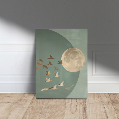 Golden Moon & Celestial Birds Canvas Wall Art – Sage Green
