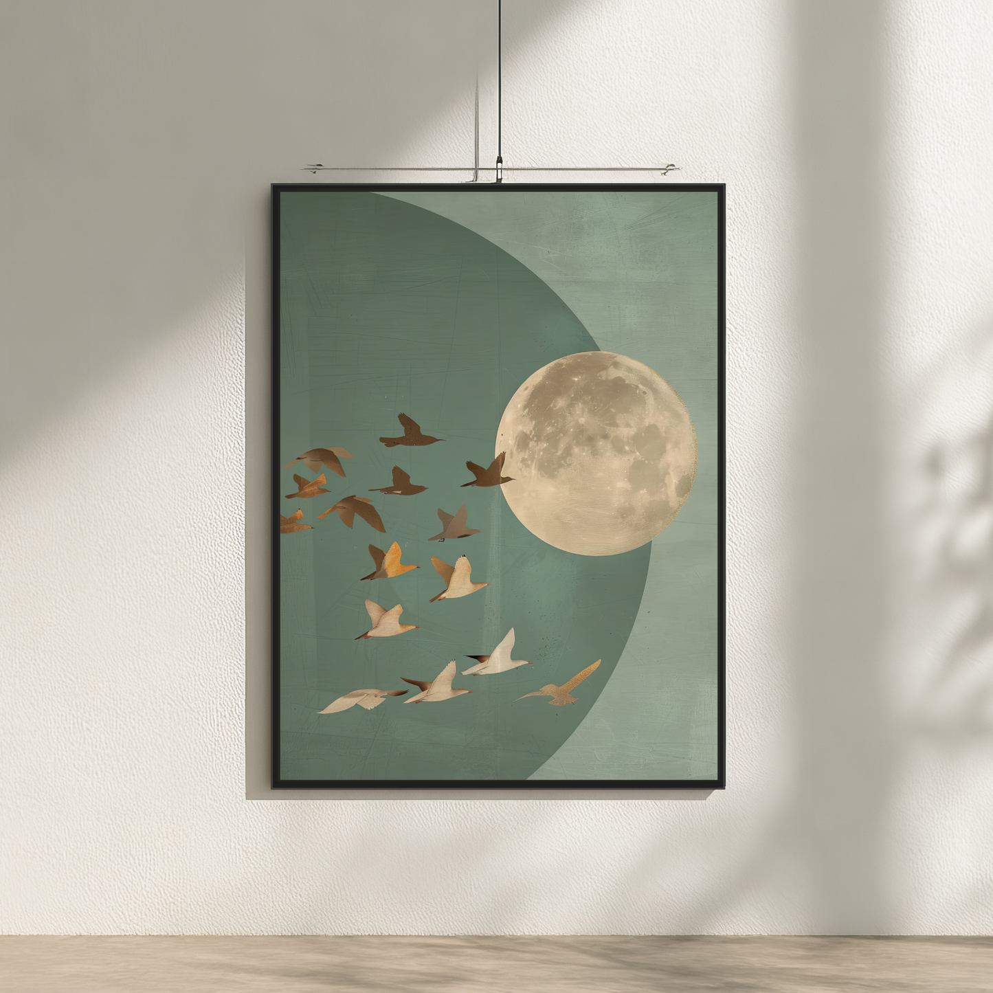 Golden Moon & Celestial Birds Canvas Wall Art – Sage Green