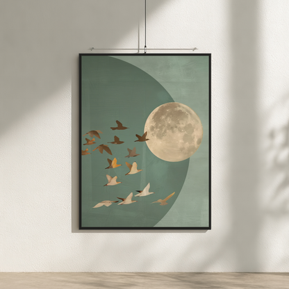 Golden Moon & Celestial Birds Canvas Wall Art – Sage Green