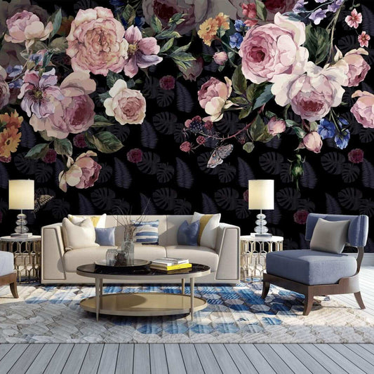 Delicate Pink Roses Dark Mural Wallpaper (SqM)