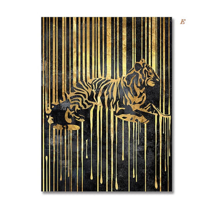 Black Golden Animals Abstract Lines Canvas Prints | Tiger Zebra Elephant Poster Modern Large Wall Art Pictures For Living Room Office Home Décor