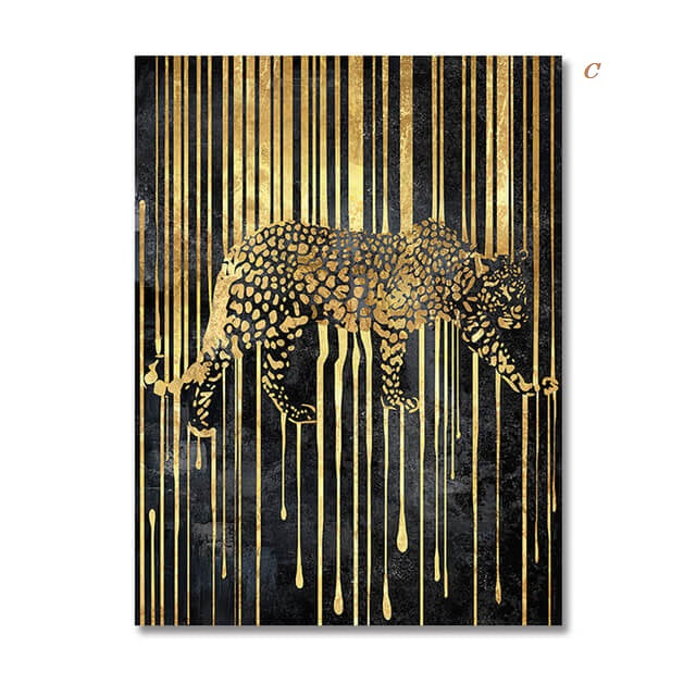 Black Golden Animals Abstract Lines Canvas Prints | Tiger Zebra Elephant Poster Modern Large Wall Art Pictures For Living Room Office Home Décor