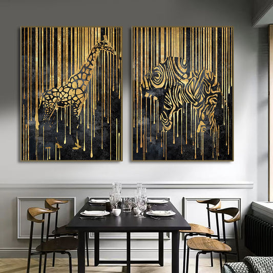 Black Golden Animals Abstract Lines Canvas Prints | Tiger Zebra Elephant Poster Modern Large Wall Art Pictures For Living Room Office Home Décor
