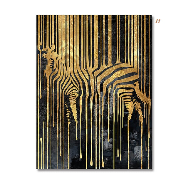 Black Golden Animals Abstract Lines Canvas Prints | Tiger Zebra Elephant Poster Modern Large Wall Art Pictures For Living Room Office Home Décor