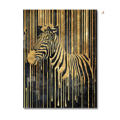 Black Golden Animals Abstract Lines Canvas Prints | Tiger Zebra Elephant Poster Modern Large Wall Art Pictures For Living Room Office Home Décor