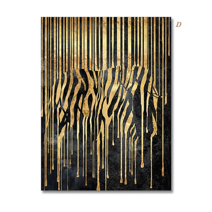 Black Golden Animals Abstract Lines Canvas Prints | Tiger Zebra Elephant Poster Modern Large Wall Art Pictures For Living Room Office Home Décor