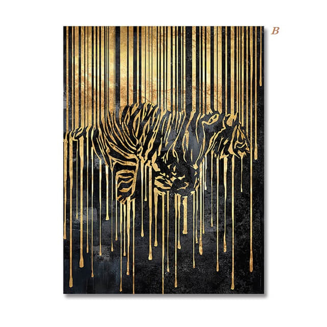 Black Golden Animals Abstract Lines Canvas Prints | Tiger Zebra Elephant Poster Modern Large Wall Art Pictures For Living Room Office Home Décor