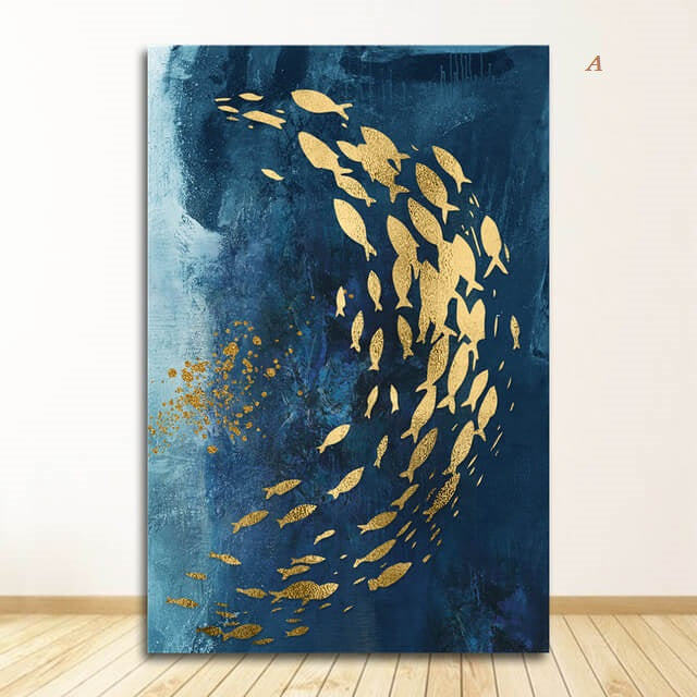 Golden Fish in Abstract Azure Sea By Night Canvas Print | Contemporary Fine Art For Modern Home Office Interior Décor