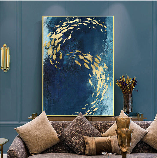 Golden Fish in Abstract Azure Sea By Night Canvas Print Contemporary Large Abstract Wall Art For Modern Home Office Interior Décor