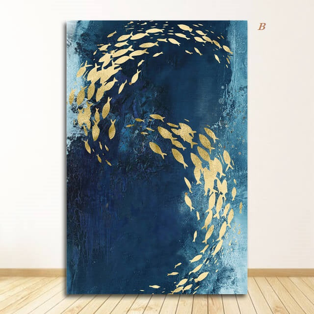 Golden Fish in Abstract Azure Sea By Night Canvas Print Contemporary Large Abstract Wall Art For Modern Home Office Interior Décor