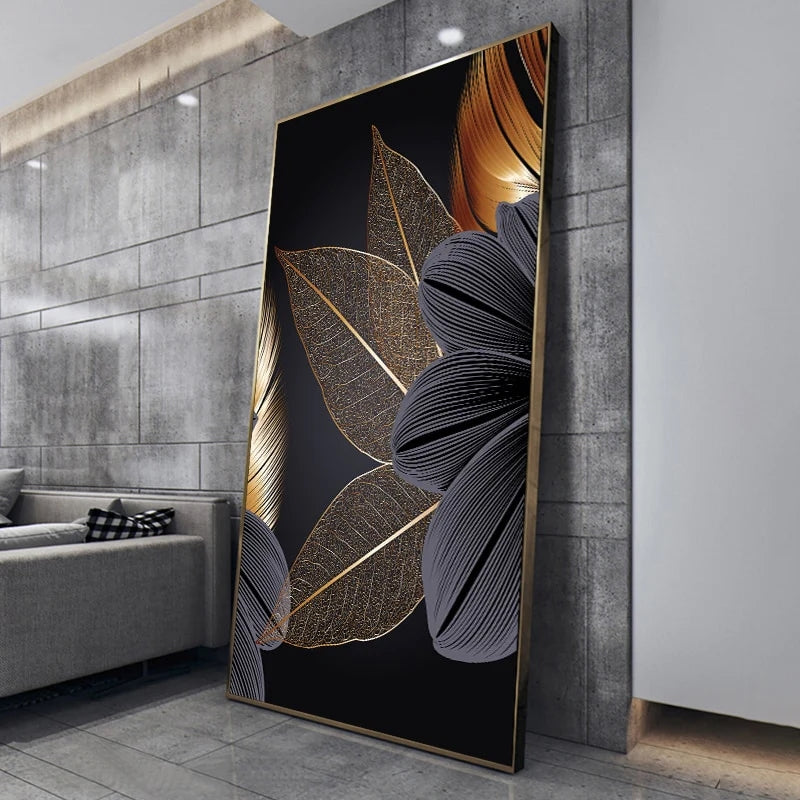 Luxury Black Golden Leaf Canvas Prints Modern Abstract Large Wall Art Tropical Botanical Upscale Big Pictures For Living Room Loft Apartment Home Office Decor