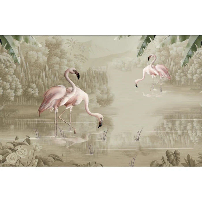 Modern Pink Flamingo Illustration Mural Wallpaper (SqM)