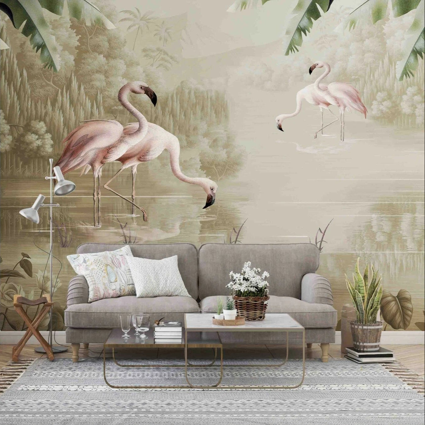 Modern Pink Flamingo Illustration Mural Wallpaper (SqM)