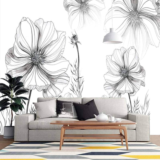 Nordic Black and White Flowers Mural Wallpaper (SqM)