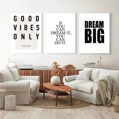 Dream Big Inspirational Phrases Quotes Wall Art Canvas Prints Black and White Minimalist Typographic Posters For Living Room