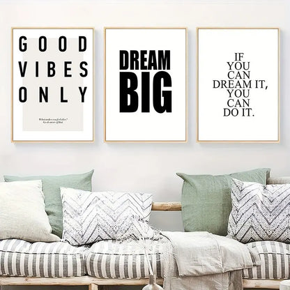 Dream Big Inspirational Phrases Quotes Wall Art Canvas Prints Black and White Minimalist Typographic Posters For Living Room