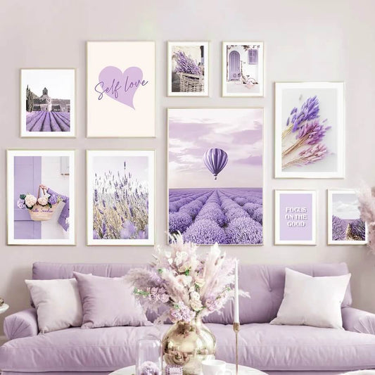 Dreamy Purple Lavender Landscape Hot Air Balloon Canvas Prints Nature Wall Art Nordic Poster For Rustic Living Room Dining Room Home Décor