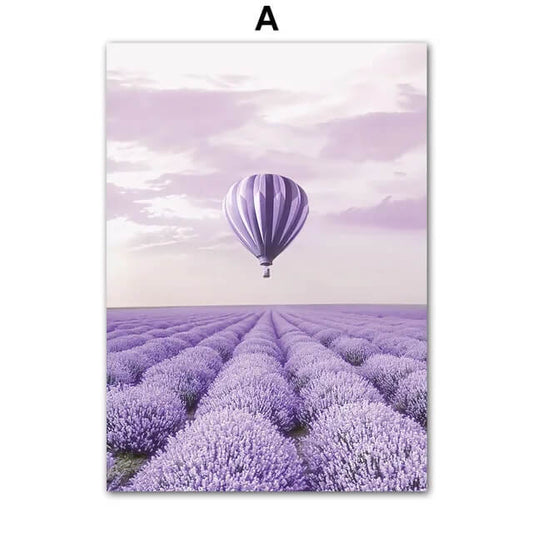 Dreamy Purple Lavender Landscape Hot Air Balloon Canvas Prints Nature Wall Art Nordic Poster For Rustic Living Room Dining Room Home Décor