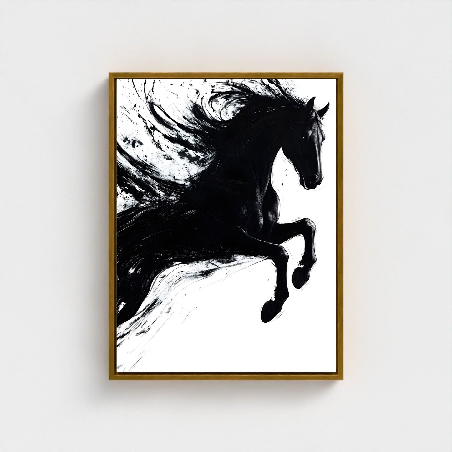 Dynamic Black Horse Ink Splash Abstract Framed Wall Art Print - Modern Minimalist Canvas Print