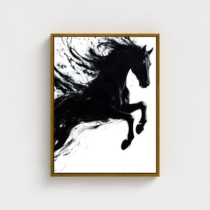 Dynamic Black Horse Ink Splash Abstract Framed Wall Art Print - Modern Minimalist Canvas Print