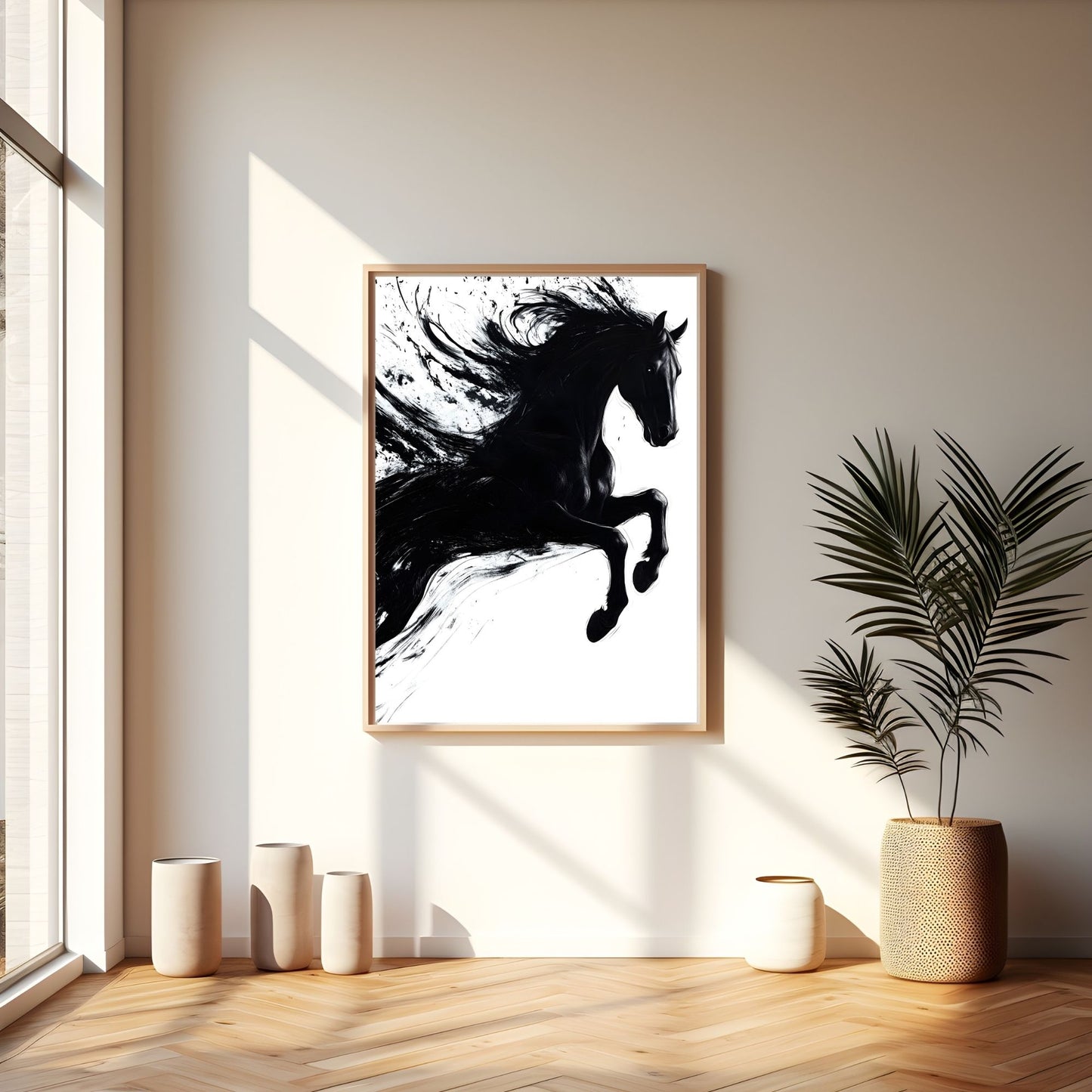 Dynamic Black Horse Ink Splash Abstract Framed Wall Art Print - Modern Minimalist Canvas Print