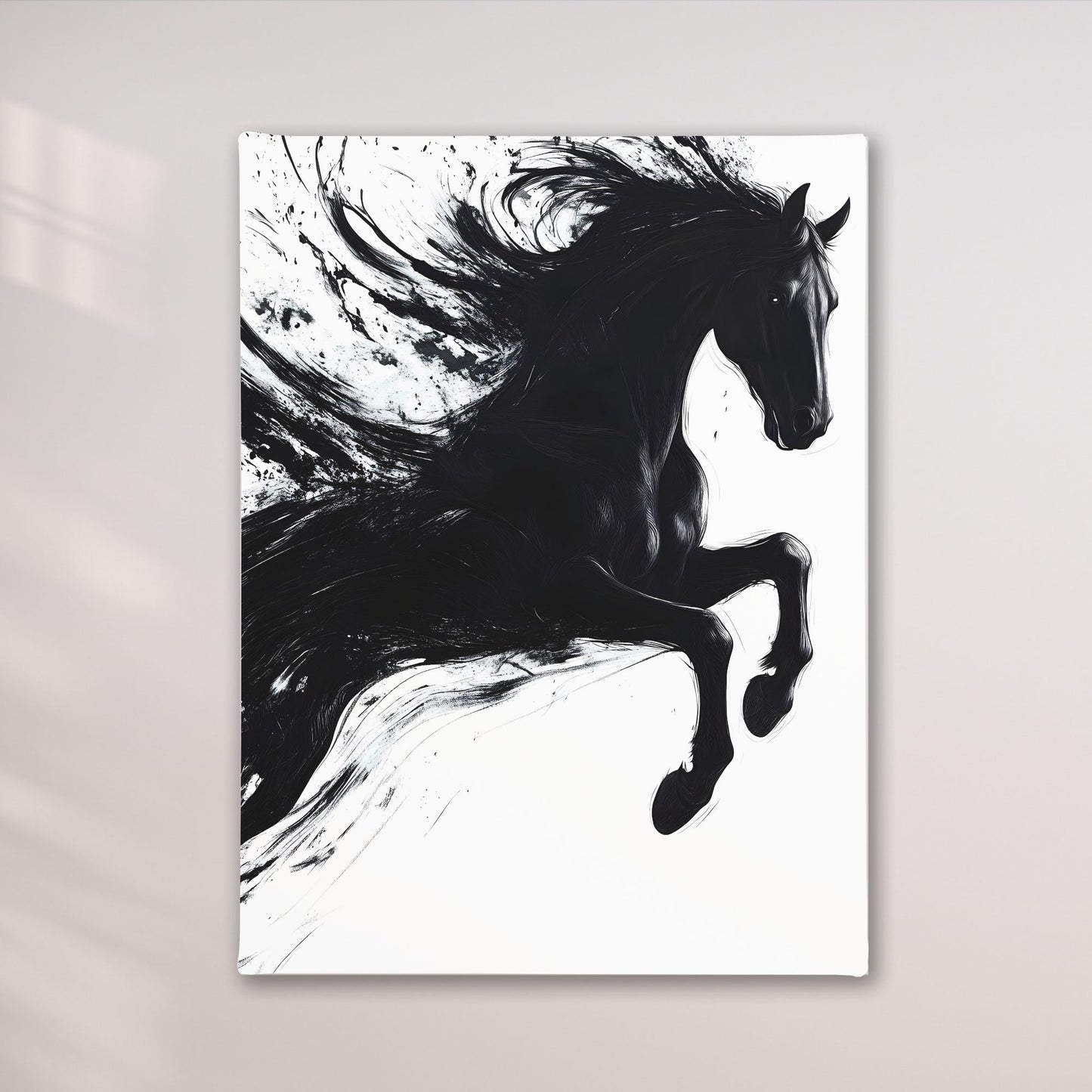 Dynamic Black Horse Ink Splash Abstract Framed Wall Art Print - Modern Minimalist Canvas Print