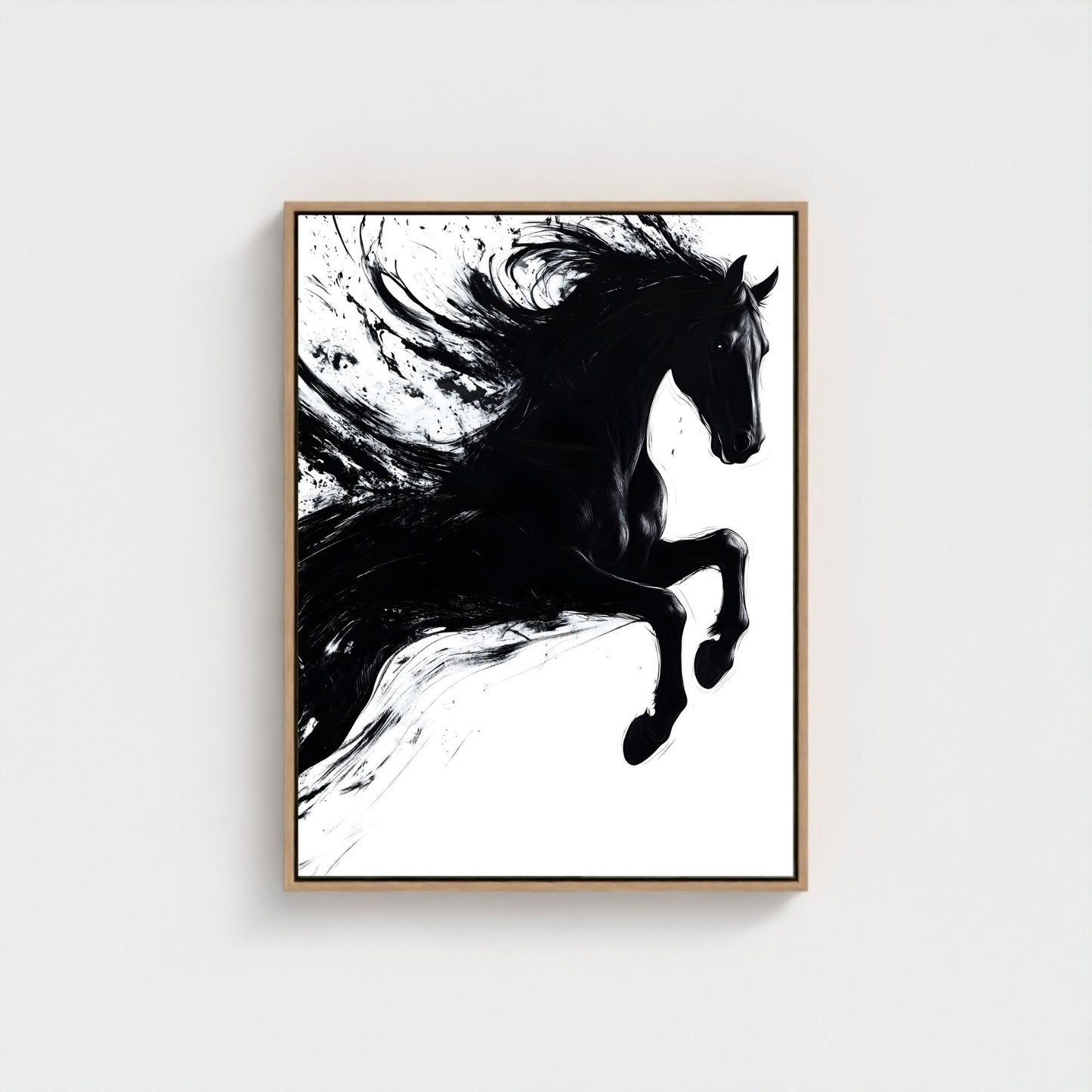 Dynamic Black Horse Ink Splash Abstract Framed Wall Art Print - Modern Minimalist Canvas Print