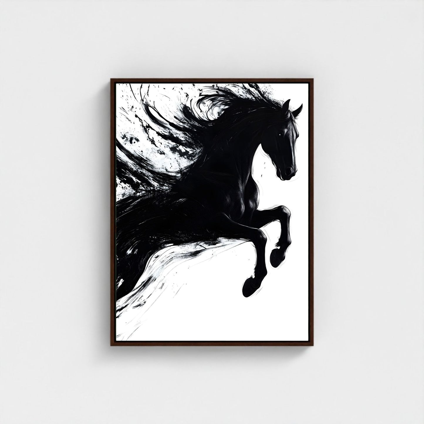Dynamic Black Horse Ink Splash Abstract Framed Wall Art Print - Modern Minimalist Canvas Print