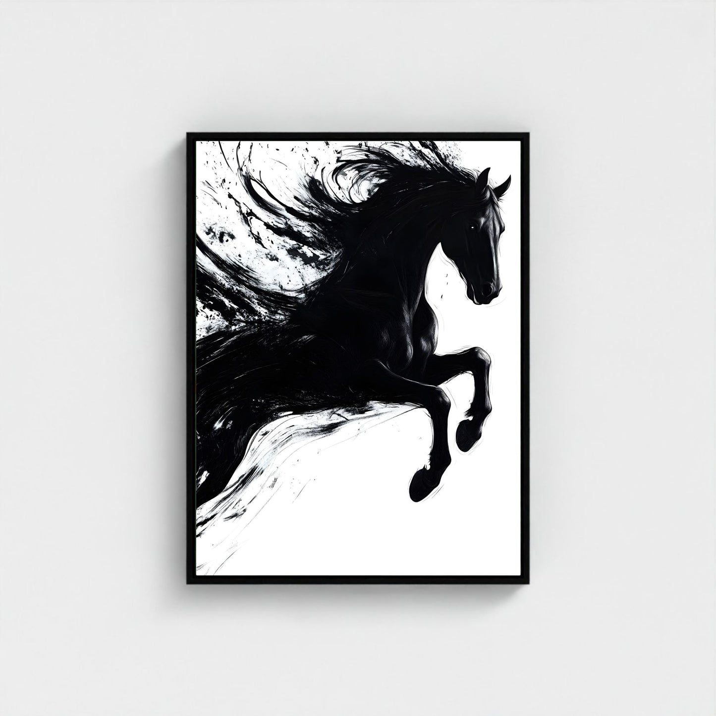 Dynamic Black Horse Ink Splash Abstract Framed Wall Art Print - Modern Minimalist Canvas Print
