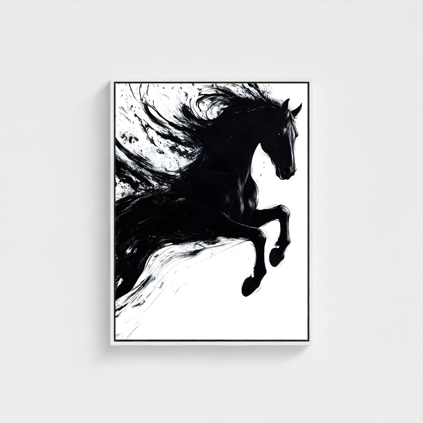 Dynamic Black Horse Ink Splash Abstract Framed Wall Art Print - Modern Minimalist Canvas Print