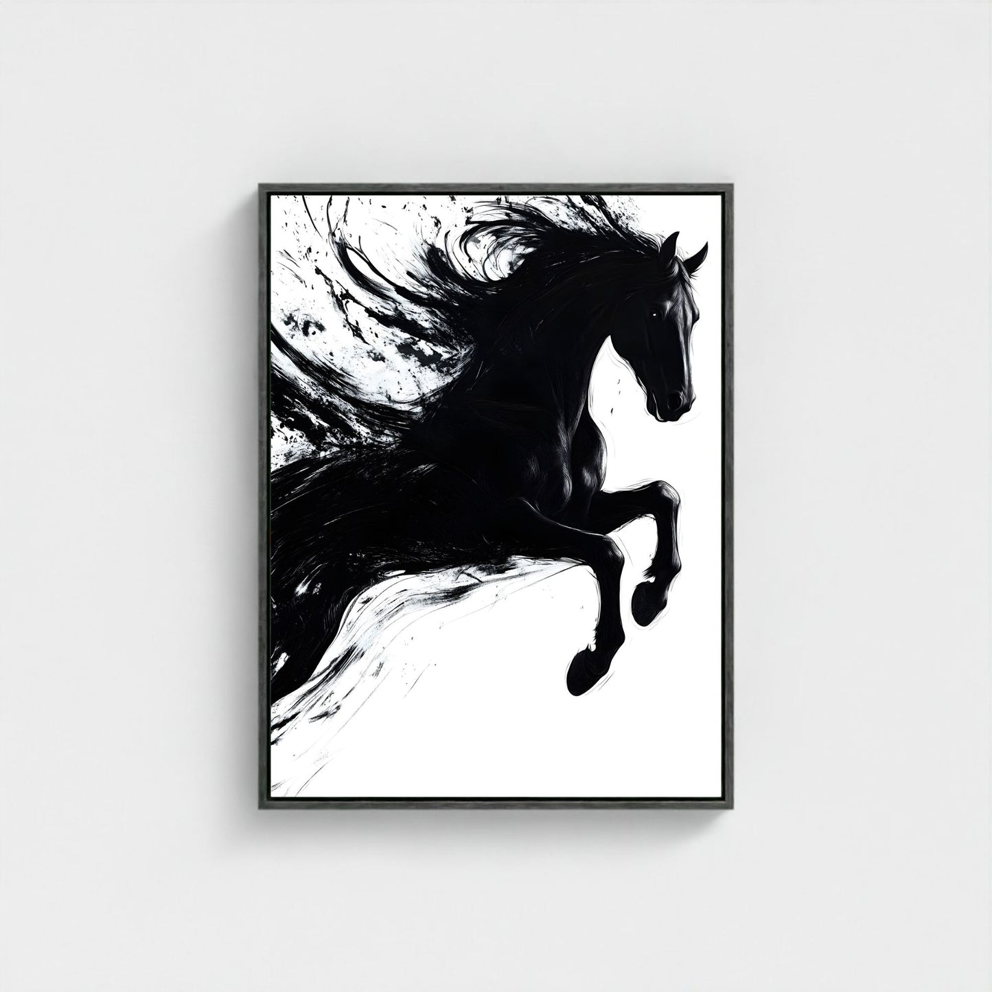 Dynamic Black Horse Ink Splash Abstract Framed Wall Art Print - Modern Minimalist Canvas Print