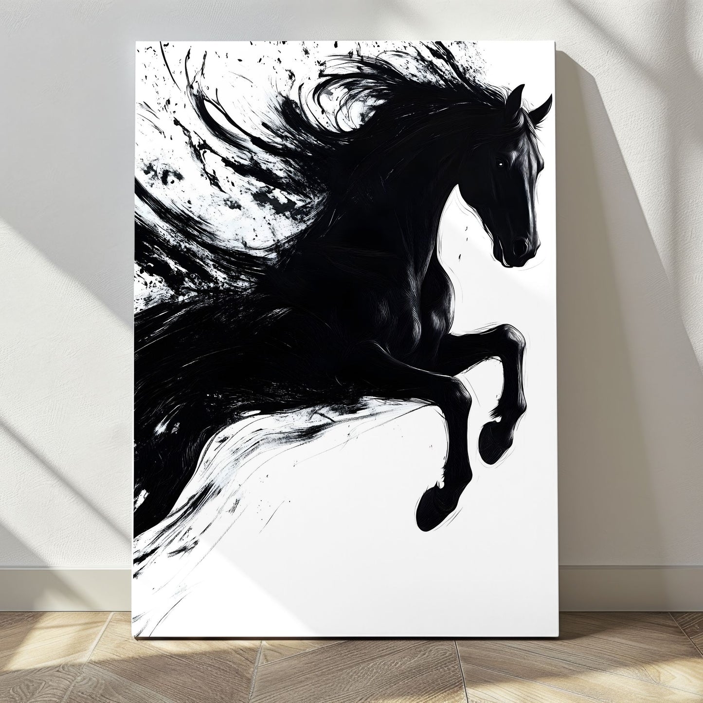 Dynamic Black Horse Ink Splash Abstract Framed Wall Art Print - Modern Minimalist Canvas Print