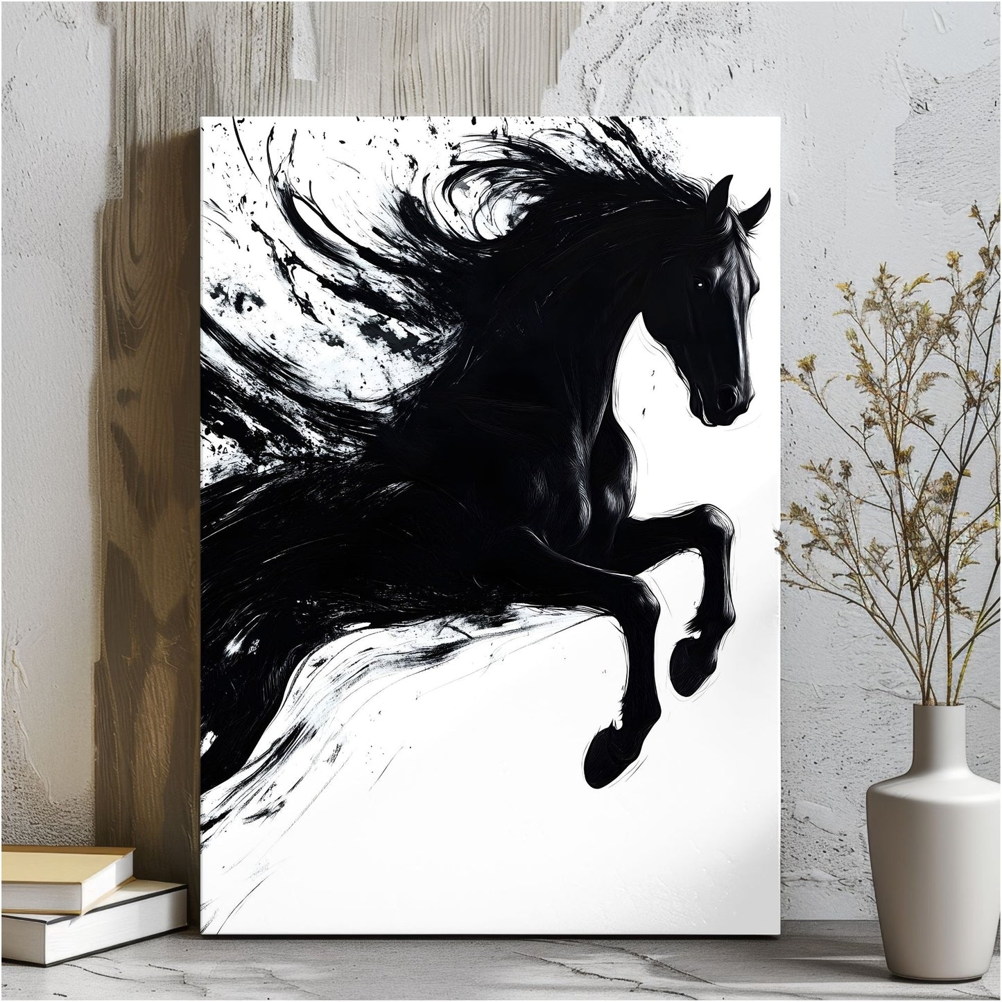 Dynamic Black Horse Ink Splash Abstract Framed Wall Art Print - Modern Minimalist Canvas Print