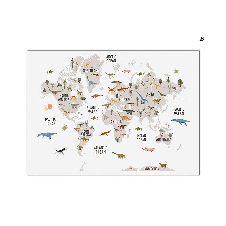 Educational Dinosaur World Map Canvas Print | Nordic Animals Posters For Kids Room Nursery Décor