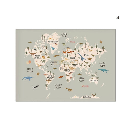 Educational Dinosaur World Map Canvas Print | Nordic Animals Posters For Kids Room Nursery Décor