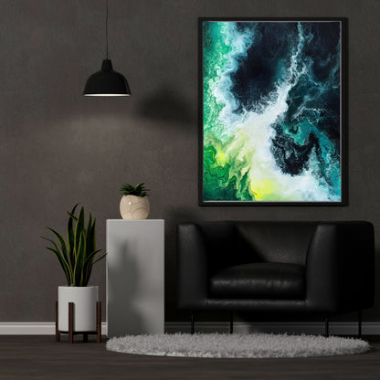 Emerald Ocean Abstract Framed Wall Art Canvas Print - Modern Teal Wave Coastal Painting