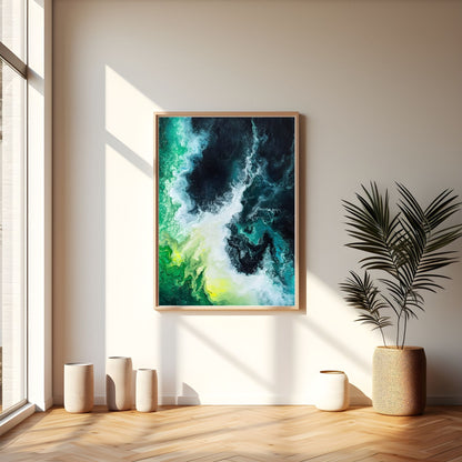 Emerald Ocean Abstract Framed Wall Art Canvas Print - Modern Teal Wave Coastal Painting