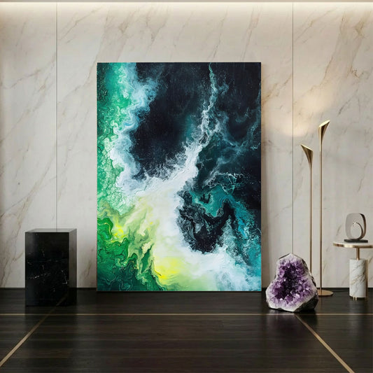 Emerald Ocean Abstract Framed Wall Art Canvas Print - Modern Teal Wave Coastal Painting