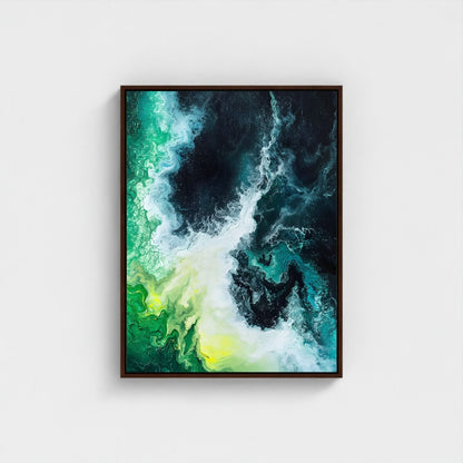 Emerald Ocean Abstract Framed Wall Art Canvas Print - Modern Teal Wave Coastal Painting