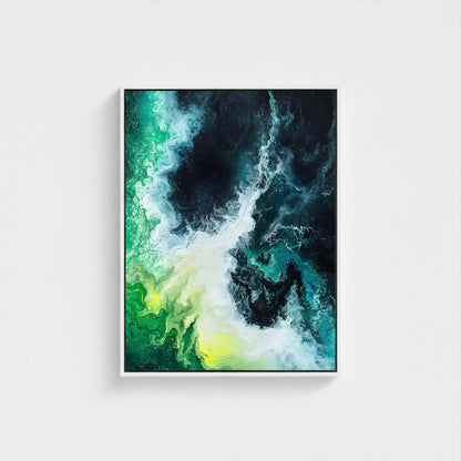 Emerald Ocean Abstract Framed Wall Art Canvas Print - Modern Teal Wave Coastal Painting