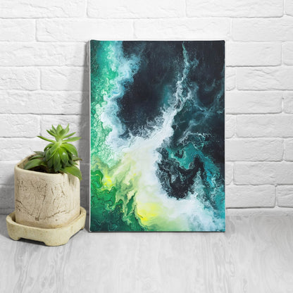 Emerald Ocean Abstract Framed Wall Art Canvas Print - Modern Teal Wave Coastal Painting